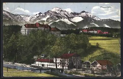 AK Traunstein, Ortsansicht vor Bergpanorama