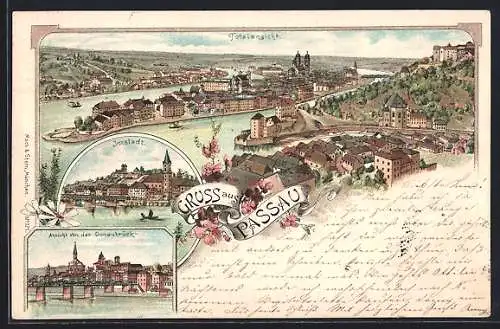 Lithographie Passau, Donaubrücke, Blick zur Innstadt, Totalansicht