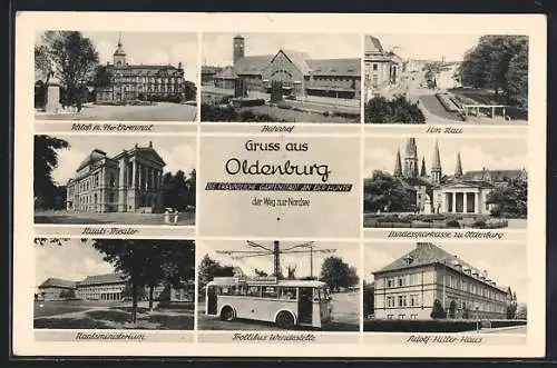 AK Oldenburg / O., Trollibus Wendestelle, Bahnhof, Staats-Theater, Haus