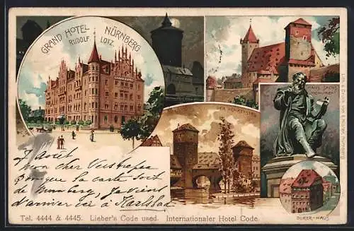 Lithographie Nürnberg, Henkersteg, Hans-Sachs-Monument, Dürer-Haus, Grand Hotel Nürnberg