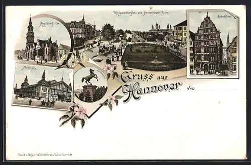 Lithographie Hannover, Königswortherplatz und Herrenhauser-Allee, Aegydien-Kirche, Markthalle, Leibnitzhaus um 1900