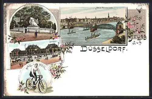 Lithographie Düsseldorf, Neue Rheinbrücke, Krieger-Denkmal, Bahnhof