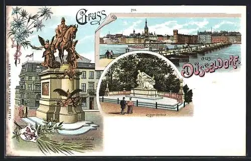 Lithographie Düsseldorf, Kaiser-Wilhelm-Denkmal, Panorama, Krieger-Denkmal