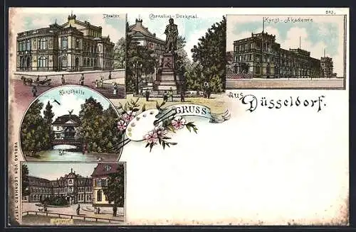 Lithographie Düsseldorf, Karte von der Restauration Zur alten Fleischbörse, Jägerhof und Kunst-Akademie