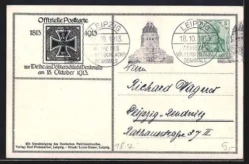 AK Leipzig, Völkerschlachtdenkmal, offizielle Postkarte zur Weihe des Denkmals 1913, Ganzsache