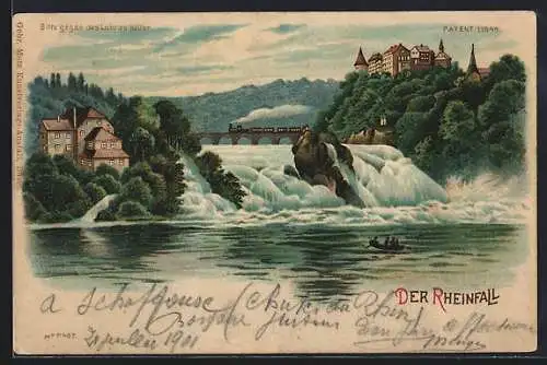 Lithographie Rheinfall mit Gebäuden, Brücke und Eisenbahn, Vollmond, Halt gegen das Licht