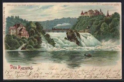 Lithographie Rheinfall mit Gebäuden, Brücke und Eisenbahn, Vollmond, Halt gegen das Licht