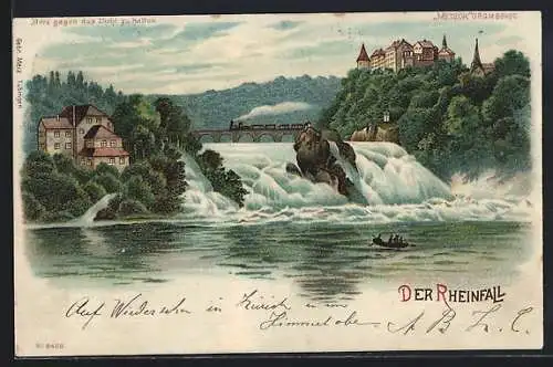 Lithographie Rheinfall mit Gebäuden, Brücke und Eisenbahn, Vollmond, Halt gegen das Licht