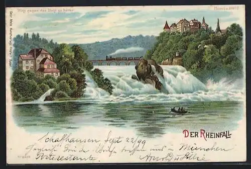 Lithographie Rheinfall mit Gebäuden, Brücke und Eisenbahn, Vollmond, Halt gegen das Licht