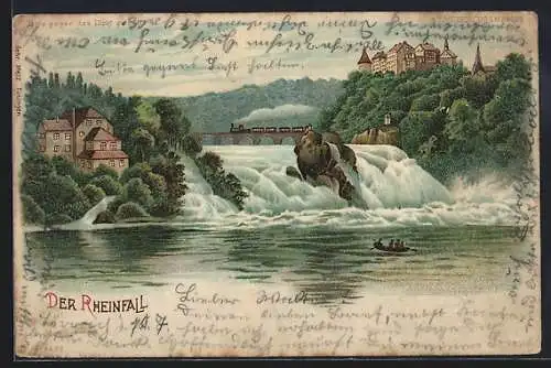 Lithographie Rheinfall mit Gebäuden, Brücke und Eisenbahn, Halt gegen das Licht