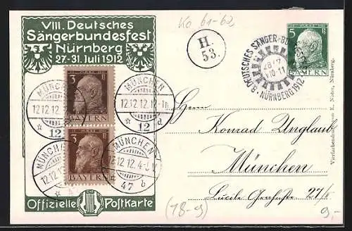 AK Nürnberg, VIII. Deutsches Sängerbundesfest, 27. - 31. Juli 1912, Ganzsache