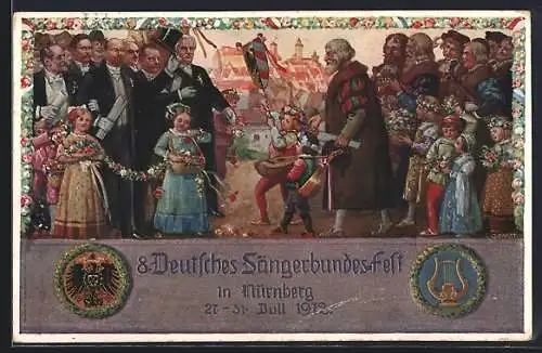 AK Nürnberg, VIII. Deutsches Sängerbundfest 1912, geschmückte Kinder, Harfe, Wappen, Ganzsache Bayern