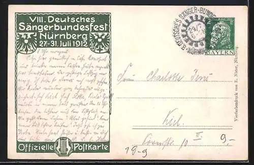 AK Nürnberg, VIII. Deutsches Sängerbundfest 1912, geschmückte Kinder, Harfe, Wappen, Ganzsache Bayern