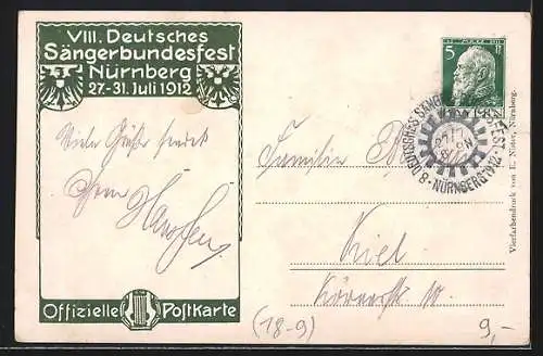 AK Nürnberg, VIII. Deutsches Sängerbundesfest, 27. - 31. Juli 1912, Ganzsache Bayern