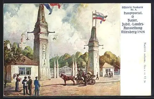 Künstler-AK Nürnberg, Bayer. Jubil.-Landes-Ausstellung 1906, Hauptportal mit Besuchern, Ganzsache Bayern