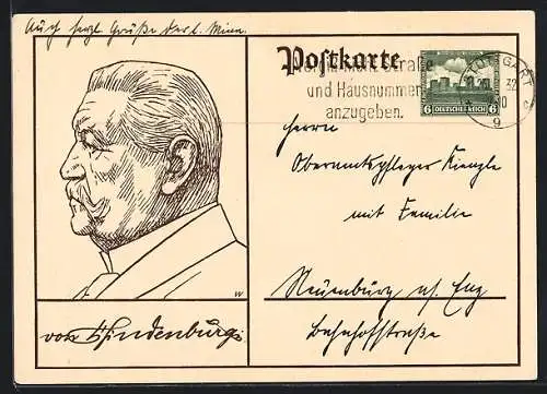 Künstler-AK Portrait Paul von Hindenburg - Strichzeichnung, Ganzsache