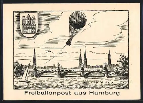 AK Hamburg, Ortsansicht mit Ballon, Ballonpost mit Stempel