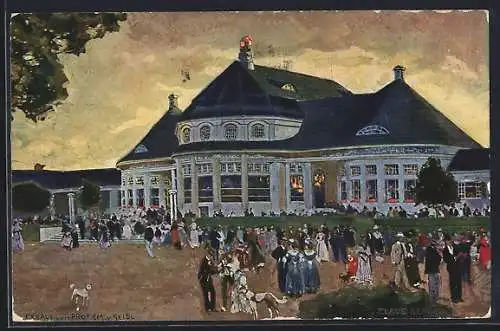 Künstler-AK München, Ausstellung 1908, Das Haupt-Restaurant, Ganzsache Bayern