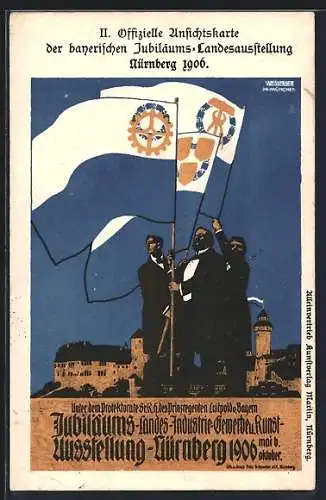 AK Nürnberg, Bayerische Jubiläums-Landes-Ausstellung 1906, Fahnenträger, Ganzsache Bayern