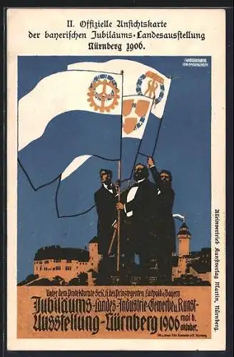 AK Nürnberg, Bayerische Jubiläums-Landes-Ausstellung 1906, Fahnenträger, Ganzsache Bayern