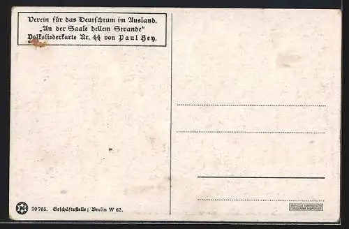 Künstler-AK P. Hey: Volksliederkarte Nr. 44, An der Saale hellem Strande, Liebespaar blickt auf Burgen