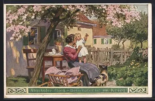 Künstler-AK Paul Hey: Volksliederkarte Nr. 38, Maikäfer flieg, Mutter mit kleinem Kind am Gartentisch