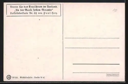 Künstler-AK P. Hey: Volksliederkarte Nr. 44, An der Saale hellem Strande, Paar sitzt auf dem Berg