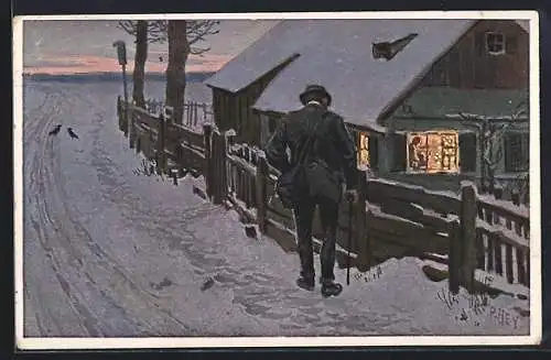 Künstler-AK Paul Hey: Weihnachtskarte Nr. 10, Herr abends vor einem Haus im Winter, Weihnachtsgruss