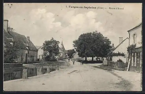 AK Farges-en-Septaine, Route d`Avord avec maisons et arbres le long de la rue