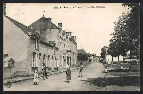 AK Genouilly, Rue Centrale avec des passants en Berry