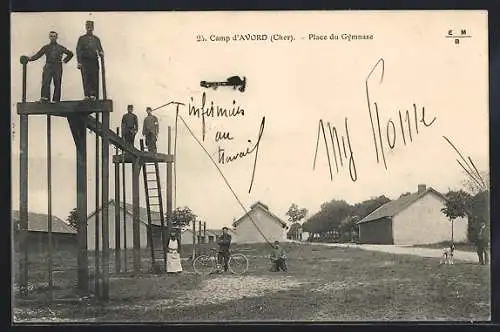 AK Avord, Place du Gymnase avec soldats et vélo