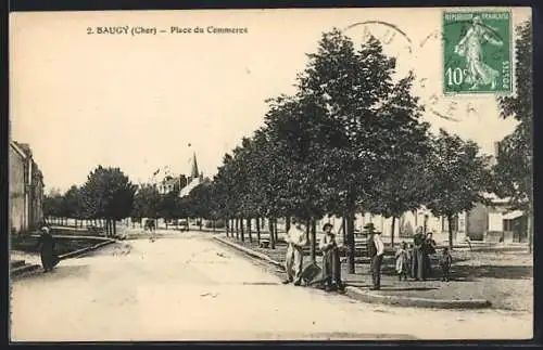 AK Baugy, Place du Commerce avec passants et arbres alignés