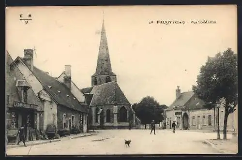 AK Baugy, Rue St-Martin avec église et magasins