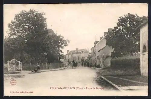 AK Les Aix-d`Angillon, Route de Bourges avec calèche et maisons bordant la rue