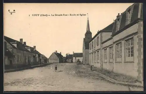 AK Couy, La Grande Rue, École et Église