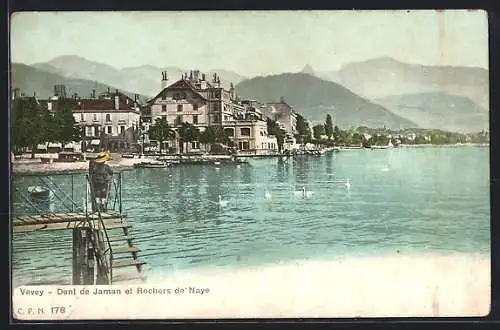 AK Vevey, Dent de Jeman et Rochers de Naye, Blick über den See zum Ort