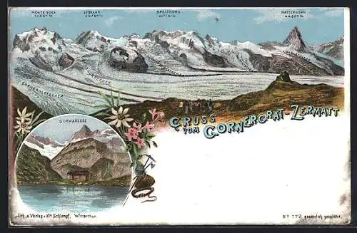 Lithographie Gornergrat-Zermatt, Schwarzsee, Lyskamm, Matterhorn