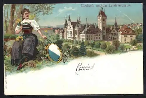 Lithographie Zürich, Landesmuseum, Dame in Tracht, Wappen