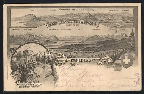 Lithographie Meldegg, Gasthaus zur Meldegg, Bes. J. Niederer, Gebirgspanorama gegen Osten und Süden, Wappen