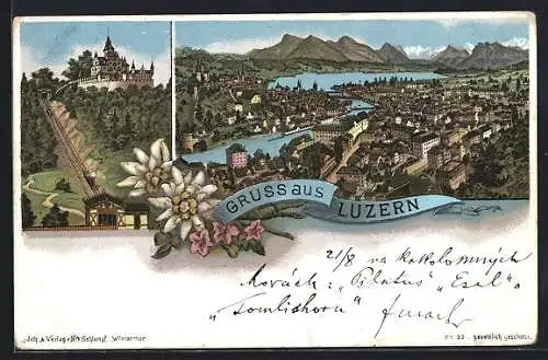 Lithographie Luzern, Ortsansicht mit See, Blick auf Zahnradbahn