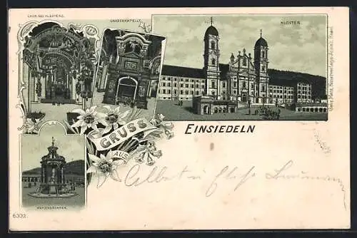 Lithographie Einsiedeln, Marienbrunnen, Chor des Klosters, Gnadenkapelle