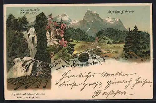 Lithographie Meiringen, Reichenbachfall, Rosenlauigletscher im Berner Oberland