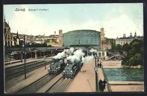 AK Zürich, Bahnhof mit Zügen