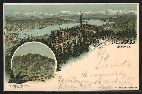 Lithographie Zürich-Uetliberg, Bergbahn am Hotel, Aussichtsturm m. Blick auf den Zürichsee