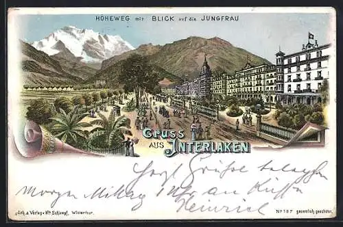 Lithographie Interlaken, Hotel Schweizerhof & Kursaal, Höheweg mit Blick auf die Jungfrau