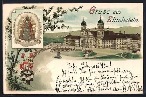 Lithographie Einsiedeln, Kloster und Gnadenbild