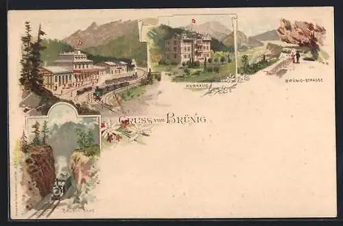 Lithographie Brünig, Brünig-Bahn, Kurhaus, Bahnhof mit Eisenbahn, Brünig-Strasse