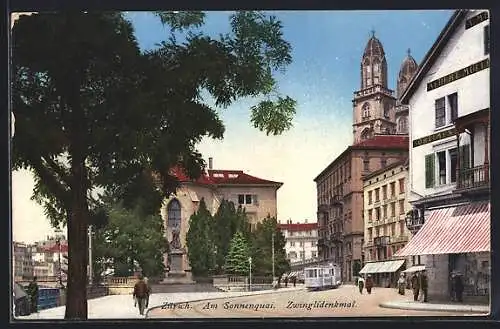 AK Zürich, Am Sonnenquai, Zwinglidenkmal, Strassenbahn