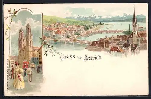 Lithographie Zürich, Gesamtansicht, Passanten am Grossmünster