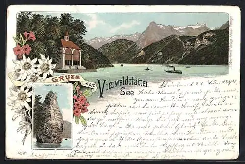 Lithographie Sisikon /Vierwaldstättersee, Tells-Kapelle, Schillerstein